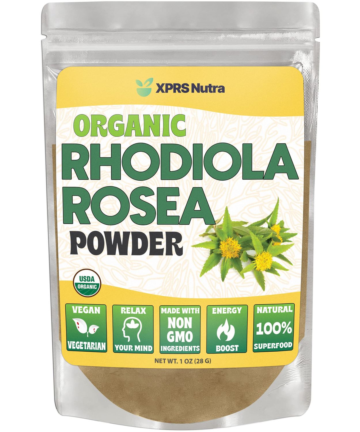 XPRS Nutra Organic Rhodiola Rosea Powder - Premium USDA Organic Rhodiola Powder for Cognition and Relaxation - Vegan Friendly Energy Booster (1 oz)