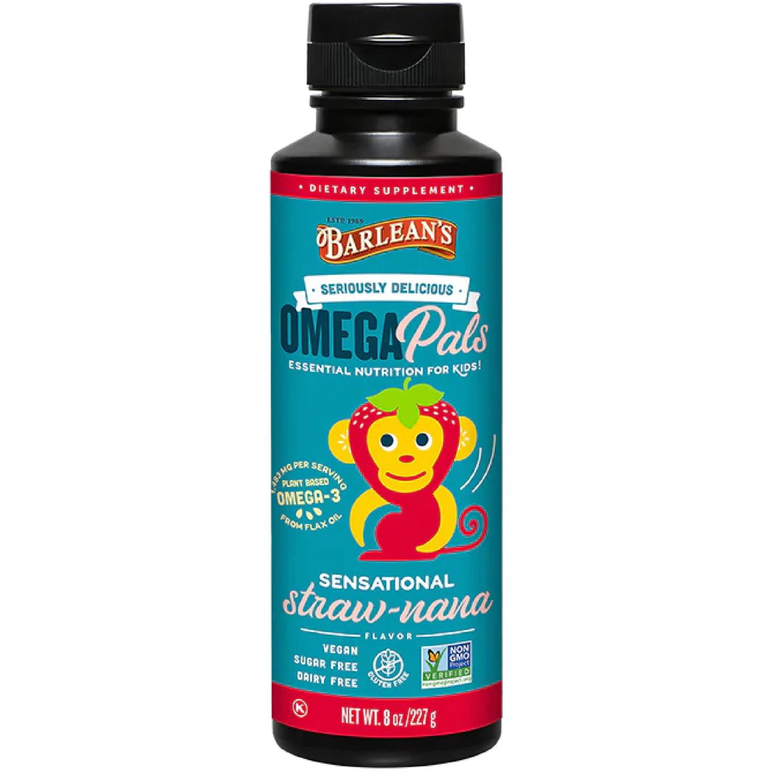 Barlean&#39;s Omega Pals Omega 3 for Kids, Yummy Straw-Nana Flavored Children&#39;s Liquid Flax Seed Oil Supplement with 1,483 mg ALA, Non-GMO, Vegan Brain &amp; Eye Health, 8 oz
