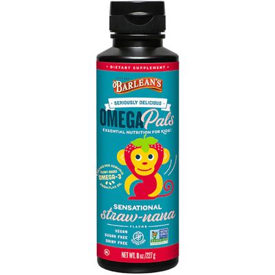 Barlean&#39;s Omega Pals Omega 3 for Kids, Yummy Straw-Nana Flavored Children&#39;s Liquid Flax Seed Oil Supplement with 1,483 mg ALA, Non-GMO, Vegan Brain &amp; Eye Health, 8 oz