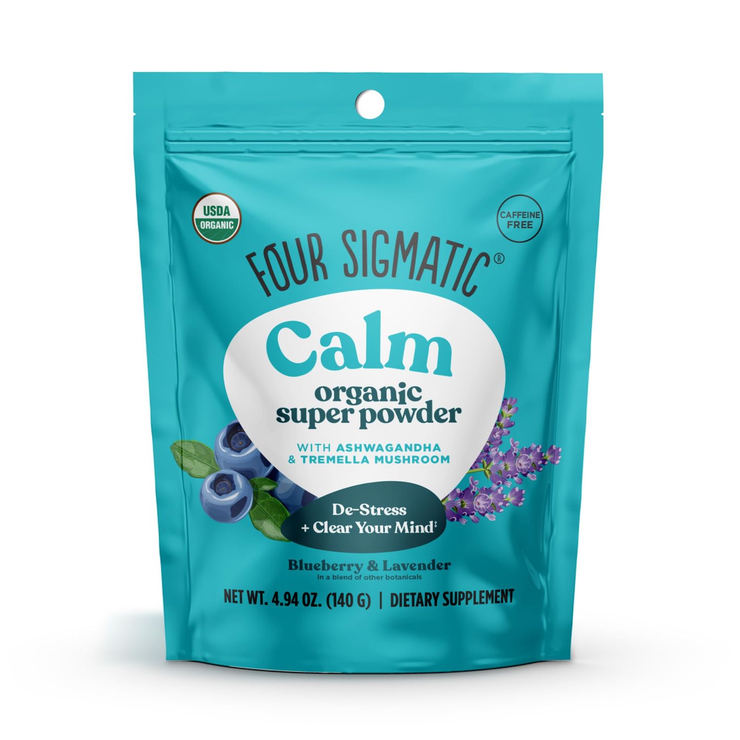 Four Sigmatic Calm Super Powder Organic Superfood Powder with Magnesium Citrate, Organic Chamomile Extract, and Organic Tremella Mushroom Extract | Blueberry Powder Drink Mix (4.94 oz.)