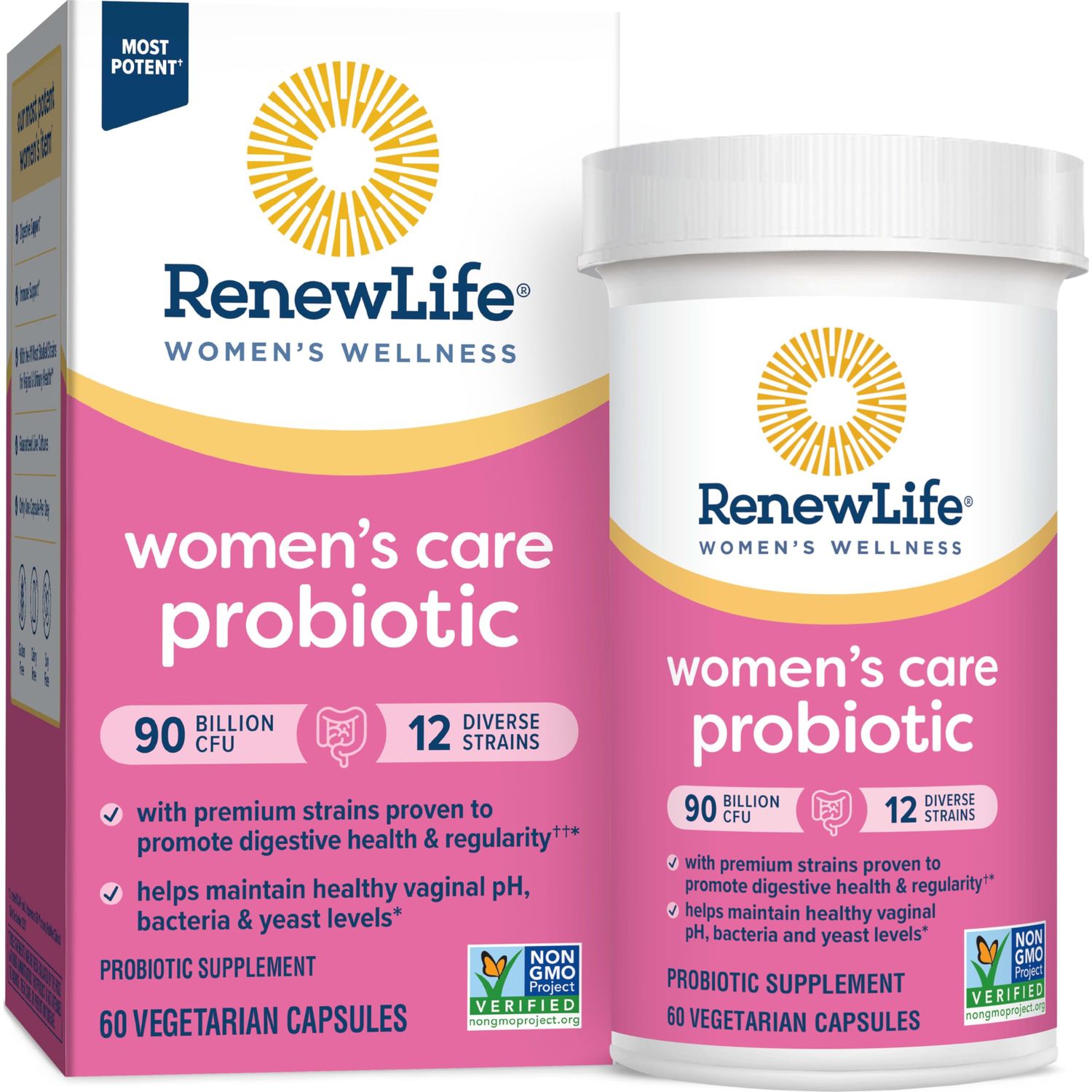 Renew Life Women&#39;s Probiotic Capsules, Supports pH Balance for Women, Vaginal, Urinary, Digestive and Immune Health, L. Rhamnosus GG, Dairy, Soy and Gluten-Free, 90 Billion CFU - 60 Ct