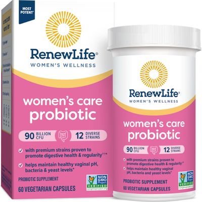Renew Life Women&#39;s Probiotic Capsules, Supports pH Balance for Women, Vaginal, Urinary, Digestive and Immune Health, L. Rhamnosus GG, Dairy, Soy and Gluten-Free, 90 Billion CFU - 60 Ct