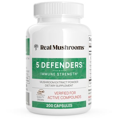 Real Mushrooms 5 Defenders Capsules - Organic Mushroom Extract w/ Chaga, Shiitake, Maitake, Turkey Tail, &amp; Reishi - Mushroom Supplement - Vegan, Non-GMO
