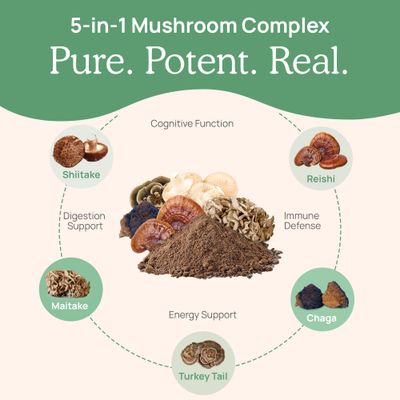 Real Mushrooms 5 Defenders Capsules - Organic Mushroom Extract w/ Chaga, Shiitake, Maitake, Turkey Tail, & Reishi - Mushroom Supplement - Vegan, Non-GMO