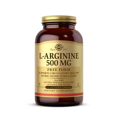 SOLGAR L-Arginine 500 mg - 250 Vegetable Capsules - Nitric Oxide Stimulator - Non-GMO, Vegan, Gluten Free, Dairy Free, Kosher - 250 Servings