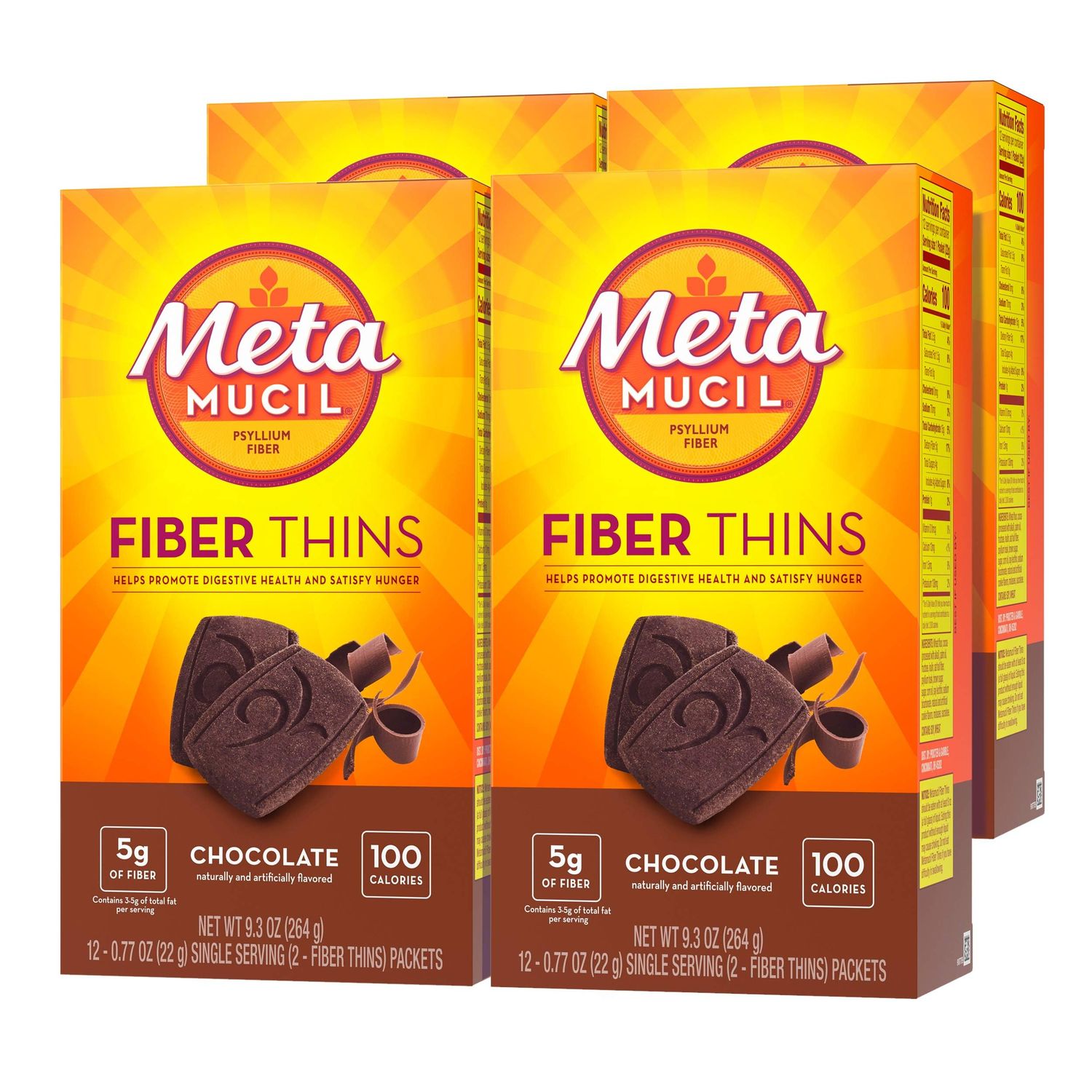 Metamucil, Fiber Thins, Daily Psyllium Husk Fiber Supplement, Supports Digestive Health and Satisfies Hunger, Chocolate Flavor, 48 Total Servings (4 Packs of 12)