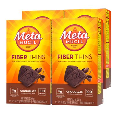 Metamucil, Fiber Thins, Daily Psyllium Husk Fiber Supplement, Supports Digestive Health and Satisfies Hunger, Chocolate Flavor, 48 Total Servings (4 Packs of 12)