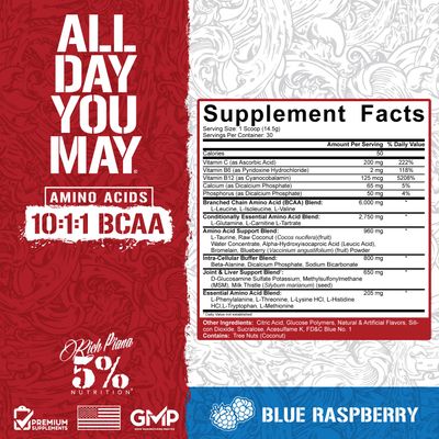 5% Nutrition Rich Piana AllDayYouMay BCAA Powder | Premium Intra &amp; Post Workout Amino Acids, Hydration, Endurance, Muscle Recovery, Joint &amp; Liver Support | 16.4 oz, 30 Servings (Blue Raspberry)