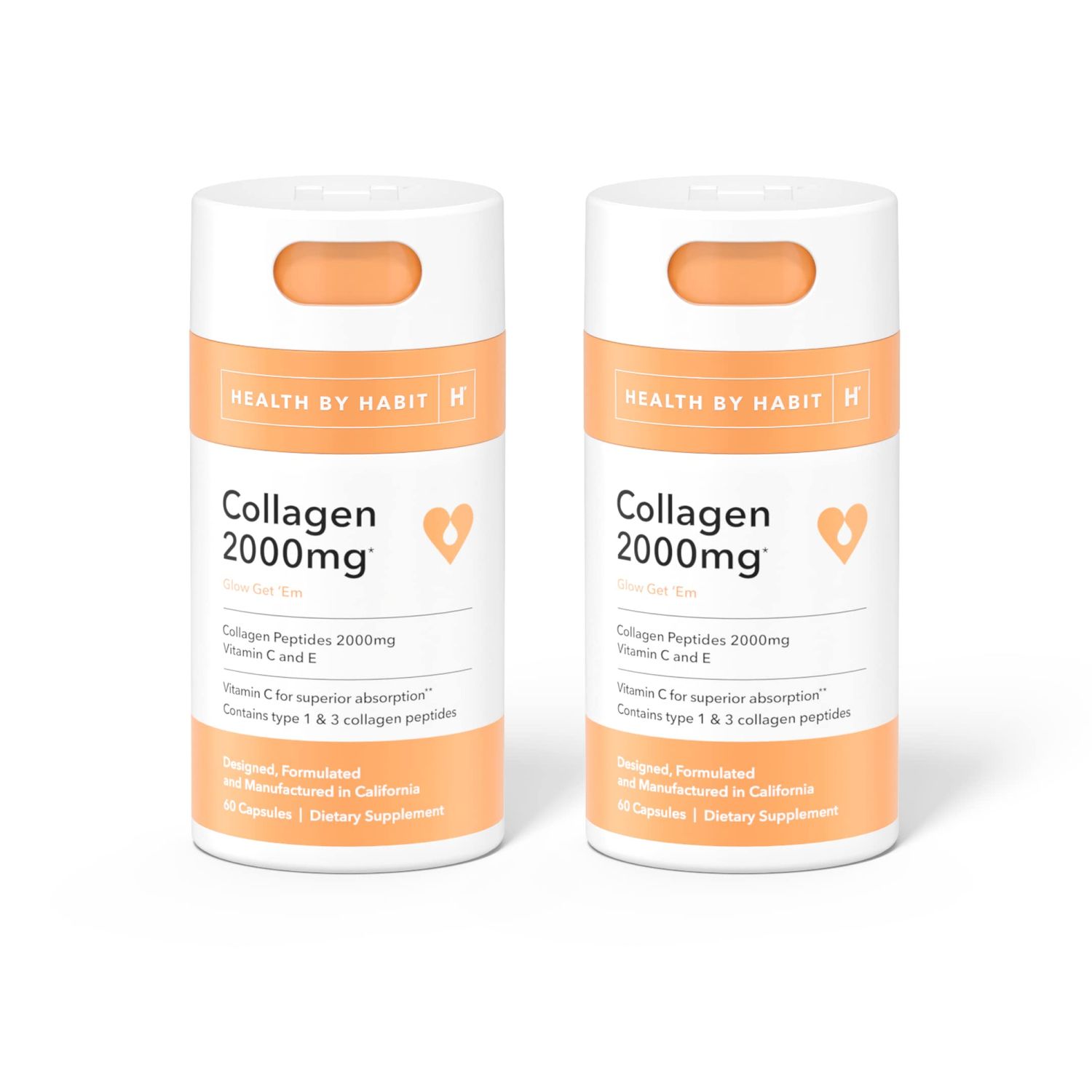 Health by Habit Collagen Supplement 2 Pack (120 Capsules) - Vitamin C &amp; Vitamin E, 2000mg, Collagen Peptides, Superior Absorption, Support Your Skin, Non-GMO, Sugar Free (2 Pack)