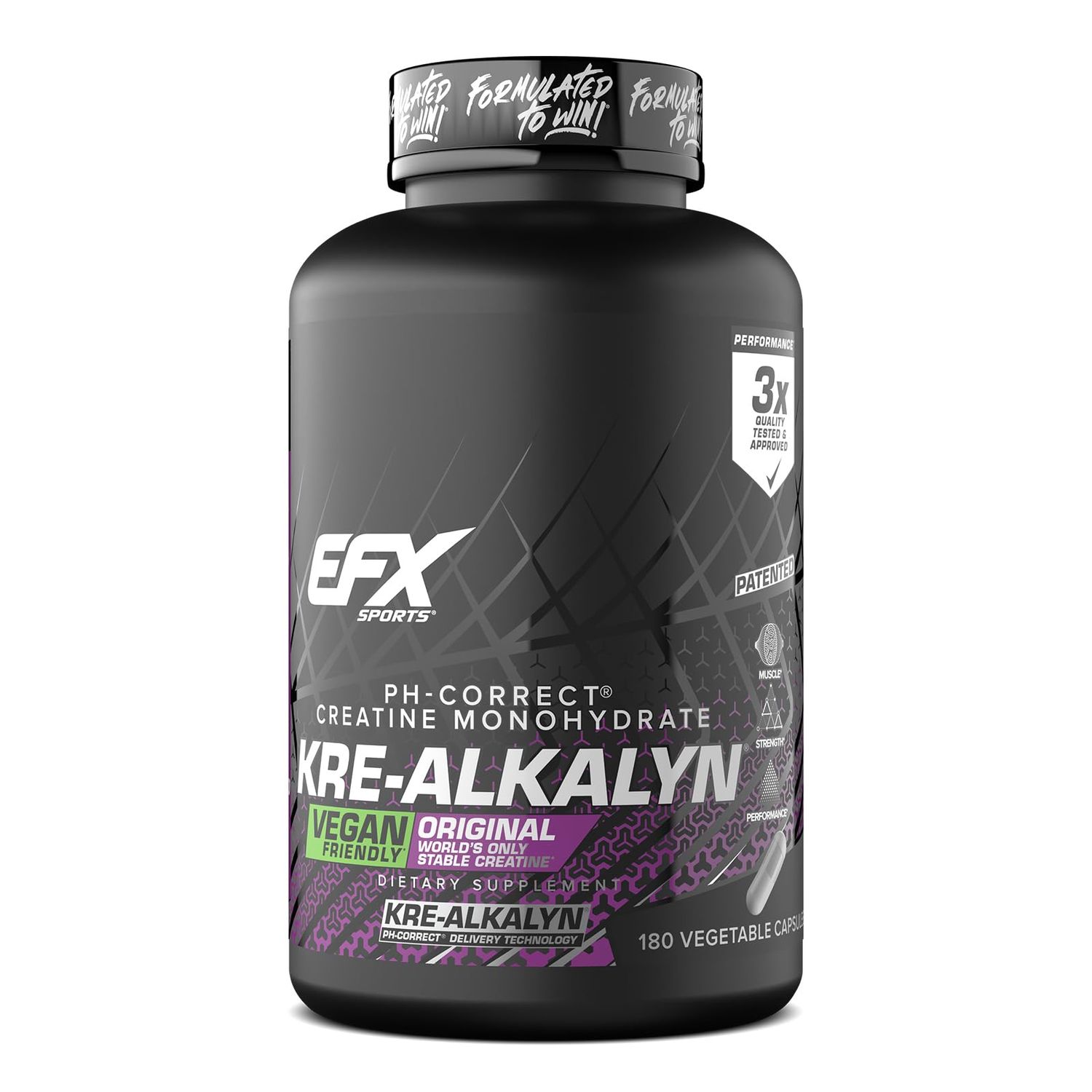 EFX Sports Kre-Alkalyn EFX | pH Correct Creatine Monohydrate Pill Supplement | Vegan Friendly | Strength &amp; Muscle Growth | 90 Servings, 180 Veggie Capsules