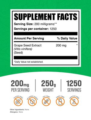 BulkSupplements.com Grape Seed Extract Powder - Grape Seed Extract Supplement, Antioxidant Source - Herbal Supplement, Gluten Free, 200mg per Serving, 250g (8.8 oz) (Pack of 1)
