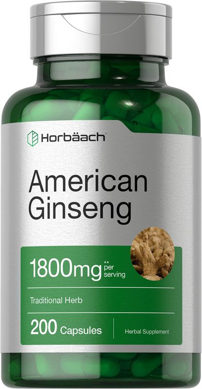 Horbach American Ginseng Capsules | 1800 mg | 200 Count | Non-GMO, Gluten Free Supplement | Ginseng Root Extract Complex
