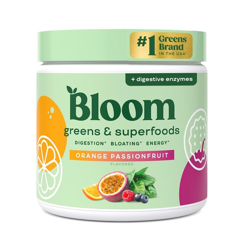 Bloom Nutrition Superfood Greens Powder, Digestive Enzymes with Probiotics and Prebiotics, Gut Health, Bloating Relief for Women, Chlorella, Juice Mix w/Beet Root Powder, 30 SVG, Orange Passionfruit