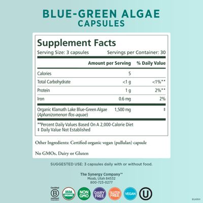 PURE SYNERGY Blue-Green Algae Capsules | Blue Green Algae with Chlorophyll | Organic Superfood Supplement from AFA Blue Green Algae | Supports Energy, Mental Clarity, and Detoxification (90 Capsules)