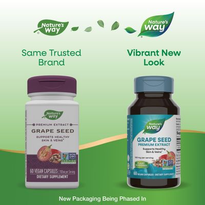 Nature's Way Grape Seed Premium Extract, Supports Healthy Skin and Veins*, Antioxidant Support*, Non-GMO Project Verified, 60 Vegan Capsules (Packaging May Vary)