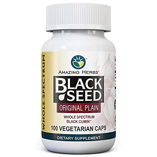 Amazing Herbs Whole Spectrum Black Seed Original Plain, Vegetarian Capsules - Gluten Free, Non GMO, Cold Pressed Nigella Sativa Aids in Digestive Health - 100 Count, 475mg