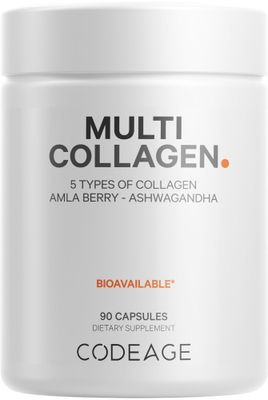 Codeage Multi Collagen Peptides Protein Capsules, 5 Collagen Types, Grass-Fed &amp; Hydrolyzed Bovine Collagen Pills Supplement, Ashwagandha, Amla Berry Vitamins, Collagen Peptides - 90 Capsules
