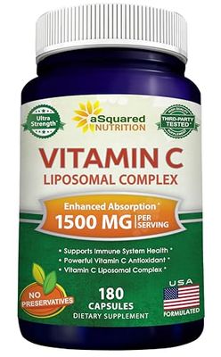 aSquared Nutrition Vitamin C Liposomal Complex - 1500mg Supplement - 180 Capsules - High Absorption VIT C Ascorbic Acid Pills - Supports Immune System &amp; Collagen Health - 90 Servings