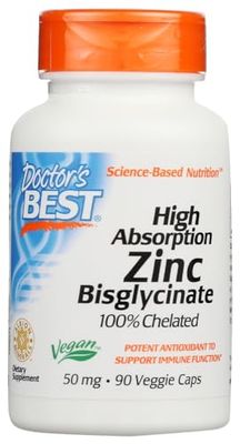 Doctor&#39;s Best High Absorption Zinc Bisglycinate 50mg High Potency Supporting Enhancing Immune System Antioxidant VC, 90 Count