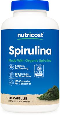 Nutricost Spirulina 3,000mg, 180 Capsules - CCOF Certified Made with Organic Spirulina, Gluten Free, Vegetarian