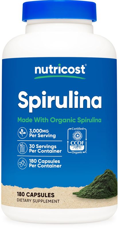 Nutricost Spirulina 3,000mg, 180 Capsules - CCOF Certified Made with Organic Spirulina, Gluten Free, Vegetarian