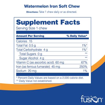 Bariatric Fusion Iron Soft Chew with Vitamin C | Watermelon Flavored | Chewy Vitamin for Bariatric Patients | Gluten Free | Iron Supplement for Women and Men | 60 Count | 2 Month Supply