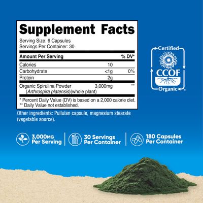 Nutricost Spirulina 3,000mg, 180 Capsules - CCOF Certified Made with Organic Spirulina, Gluten Free, Vegetarian