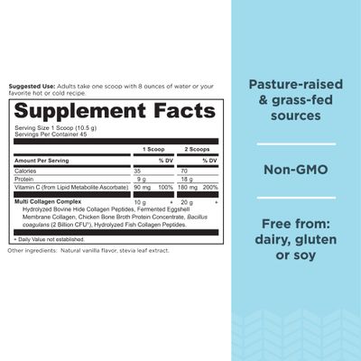 Collagen Powder Protein by Ancient Nutrition, Multi Collagen Vanilla Protein Powder, 45 Servings, with Vitamin C, Hydrolyzed Collagen Peptides Supports Skin and Nails, Gut Health, 16.7oz