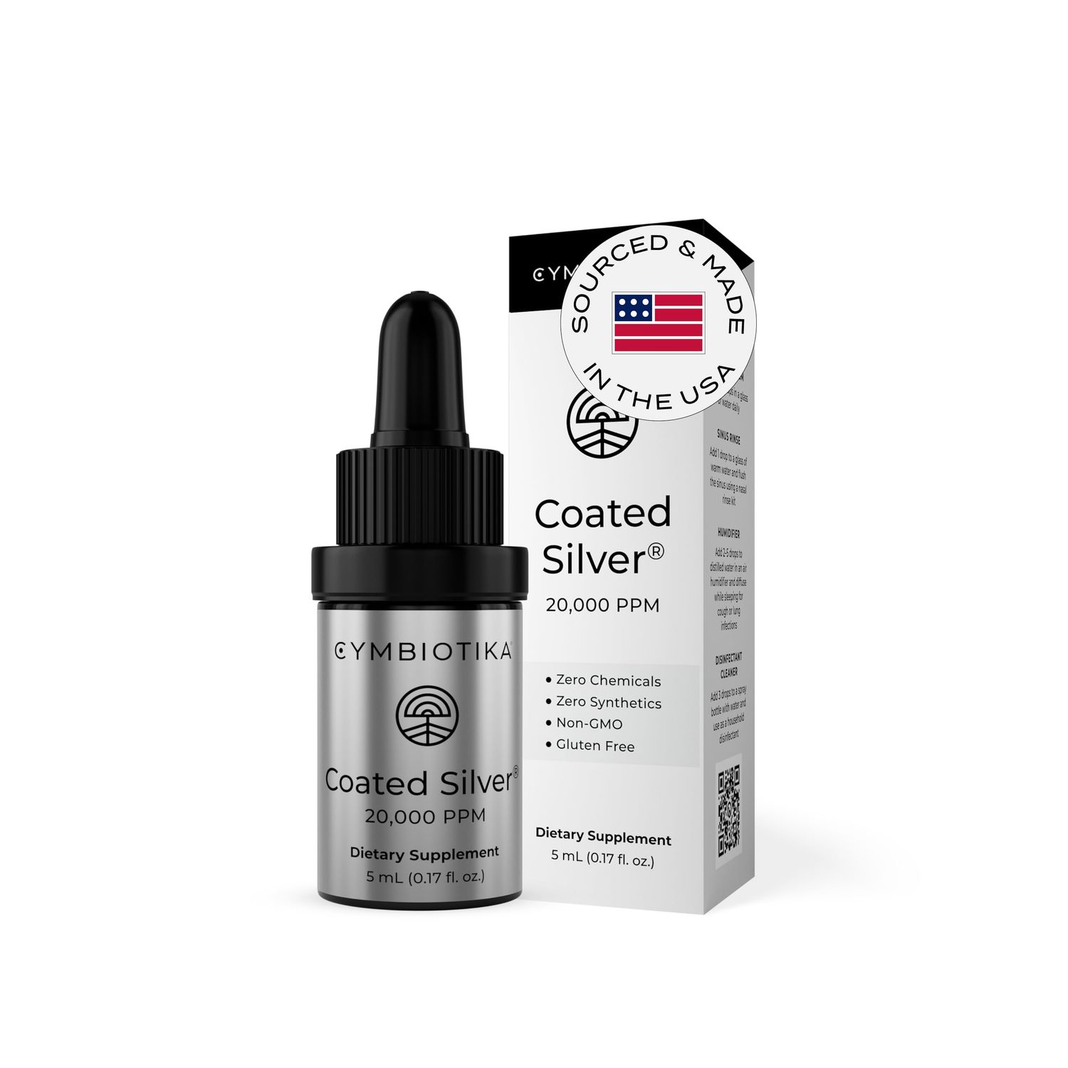 CYMBIOTIKA Colloidal Silver Liquid Supplement with Coated Silver, 20,000 PPM Mineral Concentrate, Immune Support Supplement for Adults, Easy to Use, 5 ml