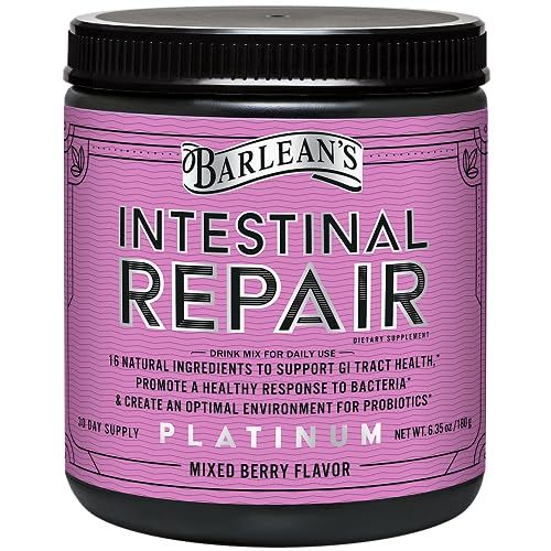 Barleans Intestinal Repair Gut Health Powder with 16 Digestive Supplements, L-Glutamine, Marshmallow &amp; Licorice Root, Aloe Vera, and Fiber Mixed Berry Flavor, 6.35 oz