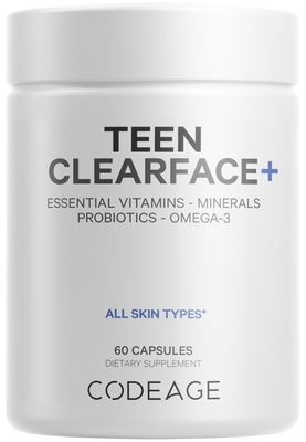 Codeage Teen Clearface Adolescent Face, Skin &amp; Pimples, Vitamins A, C, D3, E, Pantothenic Acid, Niacin, Zinc Supplement Teenagers, Probiotics, L-Lysine, Omega-3, Oily Skin, Pores, Spots - 60 Capsules