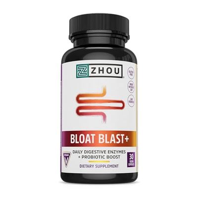 Zhou Nutrition Bloat Blast+ Digestive Enzymes with Probiotics, Bloating Relief for Women and Men, Reduce Water Retention and Improve Digestive Health, Vegan, Non-GMO, Gluten Free, 30 Servings