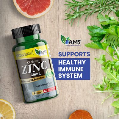 America Medic &amp; Science Chelated Zinc 50 mg Supplements (2 Pack of 60 Tablets) Immune Booster and Powerful Antioxidant Pills for Adults Men and Women | Highly Absorbable Mineral, Improves Mood &amp; Sleep