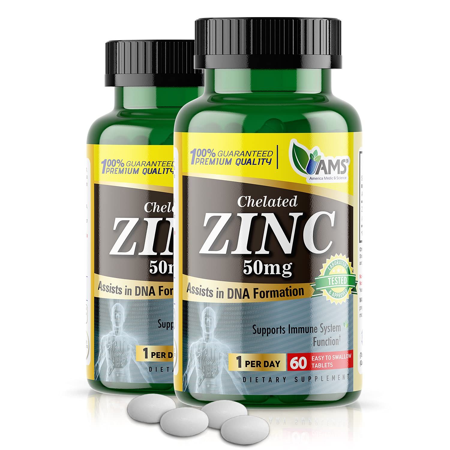 America Medic &amp; Science Chelated Zinc 50 mg Supplements (2 Pack of 60 Tablets) Immune Booster and Powerful Antioxidant Pills for Adults Men and Women | Highly Absorbable Mineral, Improves Mood &amp; Sleep