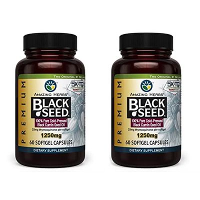 Amazing Herbs Premium Black Seed Oil Capsules - High Potency, Cold Pressed Nigella Sativa Aids in Digestive Health, Immune Support &amp; Brain Function - 60 Count, 1250mg (Pack of 2)