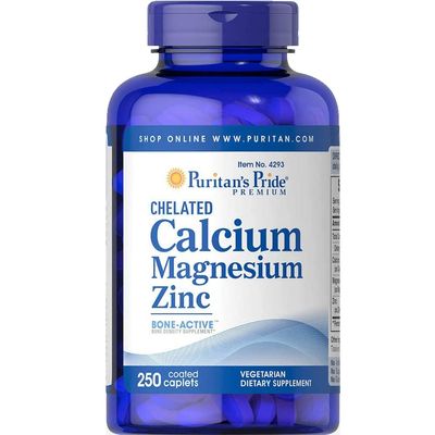 Puritan&#39;s Pride Premium Chelated Calcium Magnesium Zinc with Bone-Active, Dietary Supplement for Bone Health, Bone Density, and Immune Function Support, 250 Coated Tablets