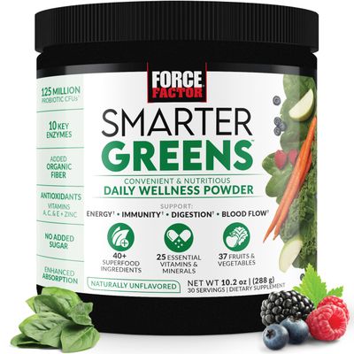 FORCE FACTOR Smarter Greens Daily Wellness Powder, Greens Superfood Powder to Support Gut Health, Bloating, &amp; Digestion, with 40+ Superfoods, 125 Million CFUs of Probiotics, Unflavored, 30 Servings