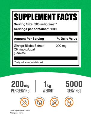 BulkSupplements.com Ginkgo Biloba Extract Powder - Ginkgo Biloba Supplements, Ginkgo Biloba Powder, from Ginkgo Biloba Leaf - Gluten Free, 200mg per Serving 1kg (2.2 lbs) (Pack of 1)