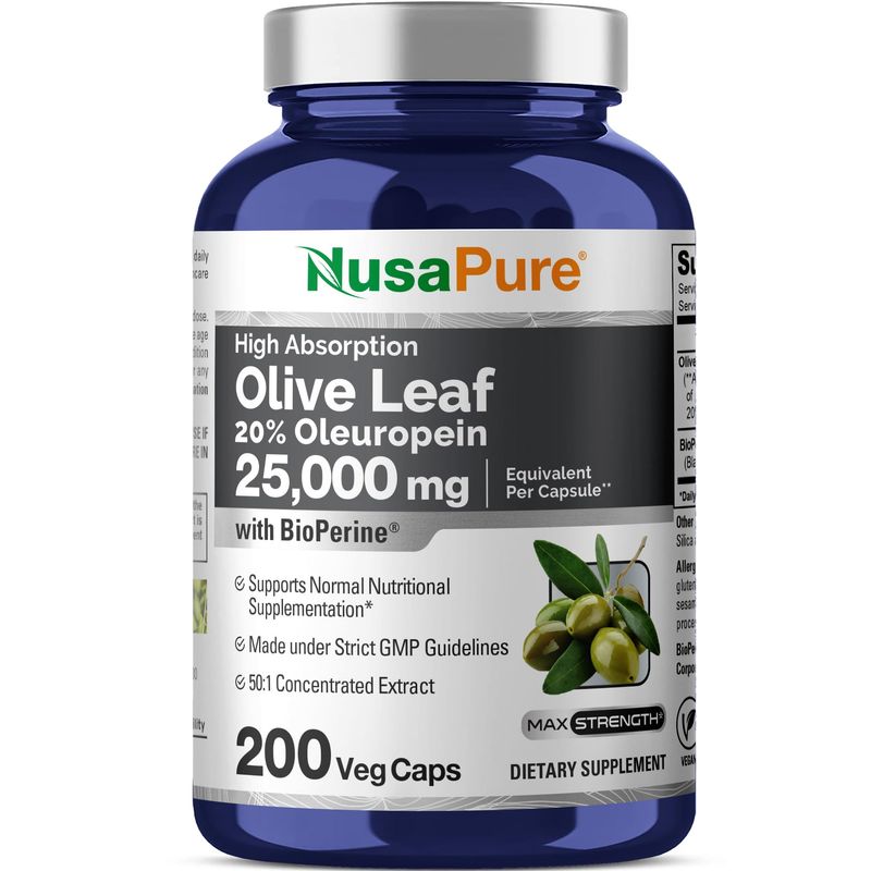 NusaPure Olive Leaf Extract (Non-GMO) 25,000mg - 20% Oleuropein - Vegetarian - Super Strength - No Oil
