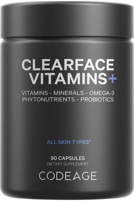 Codeage Clearface Pantothenic Acid, Niacin Supplement, Vitamins A, C, D3, E, Probiotics, Zinc, Riboflavin, Thiamin, L-Lysine HCL &amp; Omega-3, Niacinamide, Skin Botanical Blend - Non-GMO - 90 Capsules