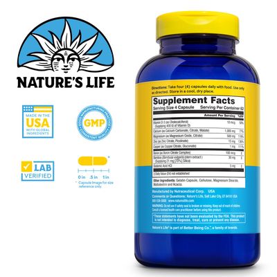 NATURE'S LIFE Cal Mag Zinc Complex 1000mg / 500mg / 15mg - Calcium Magnesium Zinc Supplement w/Vitamin D and Boron - Bone Health, Muscle and Heart Health Support, 60 Day Guarantee, 62 Serv, 250 Caps