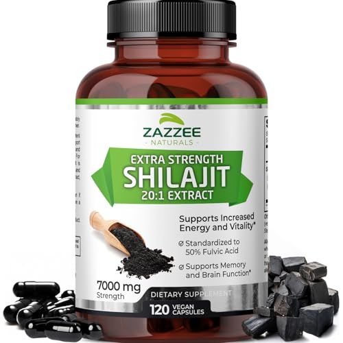 Zazzee 100% Pure Organic Himalayan Shilajit 20:1 Extract, 7000 mg Strength per Capsule, 50% Fulvic Acid, 120 Servings per Bottle, 20X Potency, Rich in Trace Minerals, Non-GMO, Vegan, Made in The USA