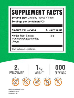 BulkSupplements.com Glucomannan Powder - Konjac Root Extract Powder, Fiber Supplement Powder, Konjac Powder - Gluten Free, 2g per Serving, 1kg (2.2 lbs) (Pack of 1)