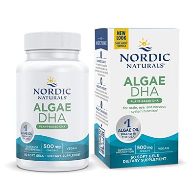 Nordic Naturals Algae DHA - 60 Soft Gels - 500 mg Omega-3 DHA - Certified Vegan Algae Oil - Plant-Based DHA - Brain, Eye &amp; Nervous System Support - Non-GMO - 30 Servings