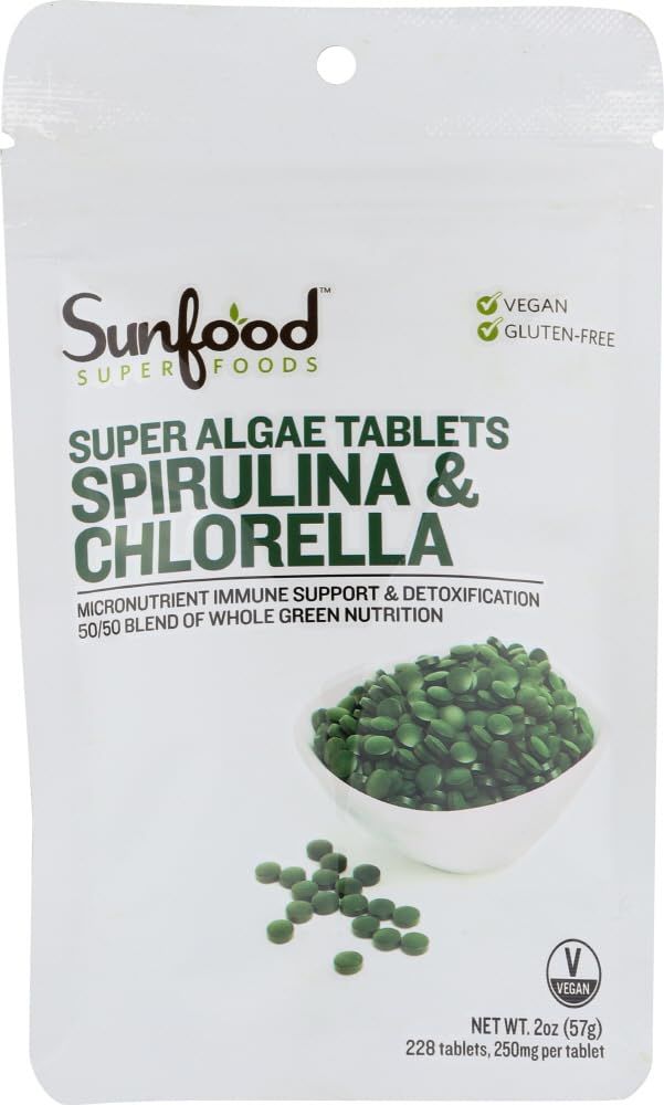 Sunfood Raw Spirulina Chlorella Tablets | 50/50 Blend | Chlorophyll Rich | Broken Cell Wall | Blue Green Algae Superfood | Organic &amp; Non GMO | Natural Vegan Protein | 100% Pure | 2 oz Bag| 228 Tablets