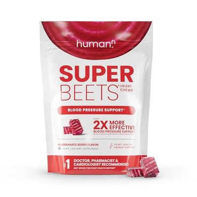 humanN SuperBeets Heart Chews, Nitric Oxide and Blood Pressure Support, Grape Seed Extract &amp; Non-GMO Beet Root Powder Energy Chews, Super Beets Heart Chews, Pomegranate Berry Flavor, 60 Count