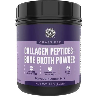 16oz Bone Broth Powder with Grass Fed Collagen Peptides - Unflavoured , Zero Carb, Dairy Free, No Additives, No Fillers - Natural Collagen Source Type I and III - Grass Fed Bone Broth Collagen Powder
