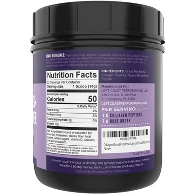 16oz Bone Broth Powder with Grass Fed Collagen Peptides - Unflavoured , Zero Carb, Dairy Free, No Additives, No Fillers - Natural Collagen Source Type I and III - Grass Fed Bone Broth Collagen Powder