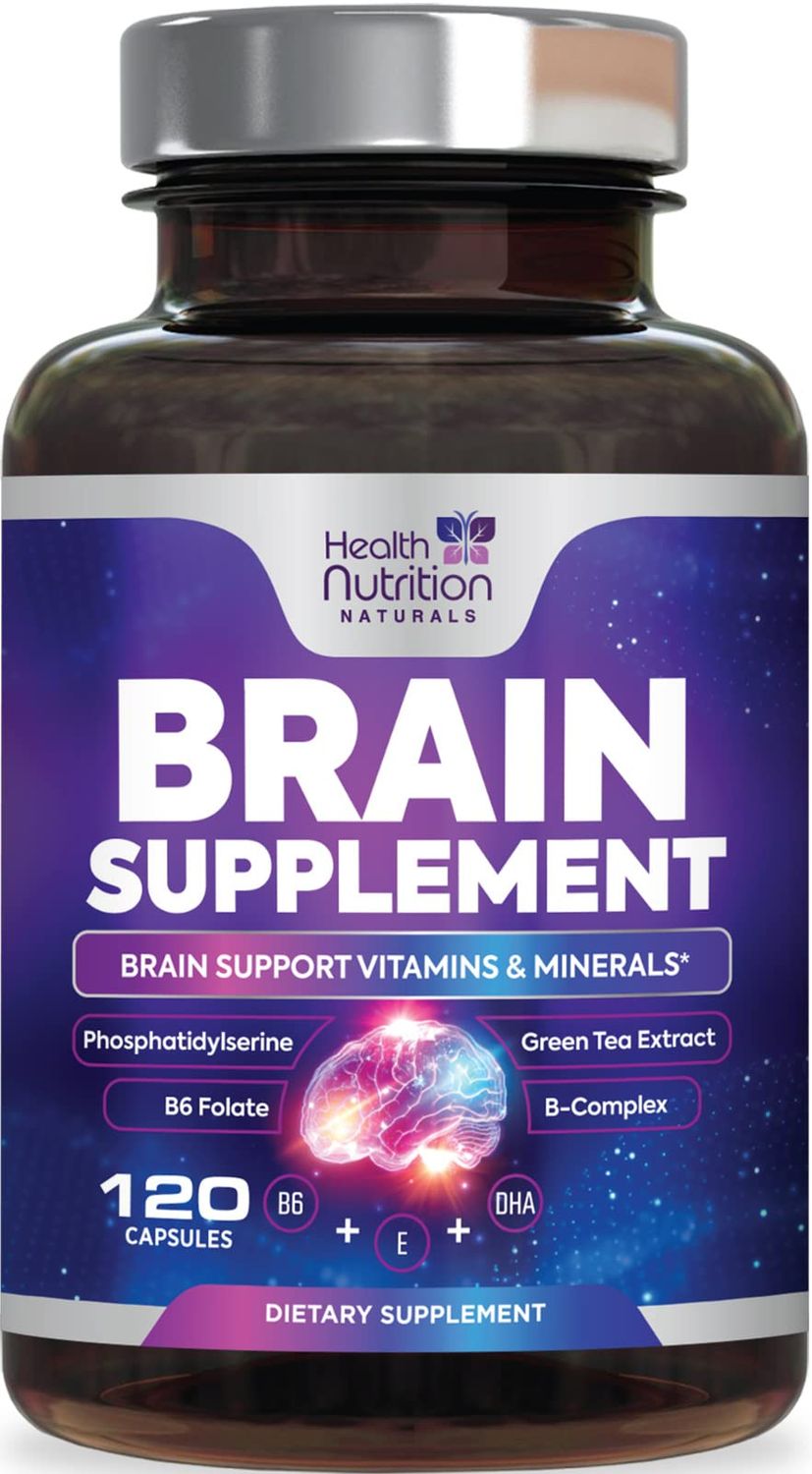 Brain Supplements for Memory and Focus - Nootropic Capsules for Concentration, Cognitive, &amp; Mental Clarity Support, DMAE Bacopa, Phosphatidylserine, Brain Health Vitamins B12, B6, C, E - 120 Count