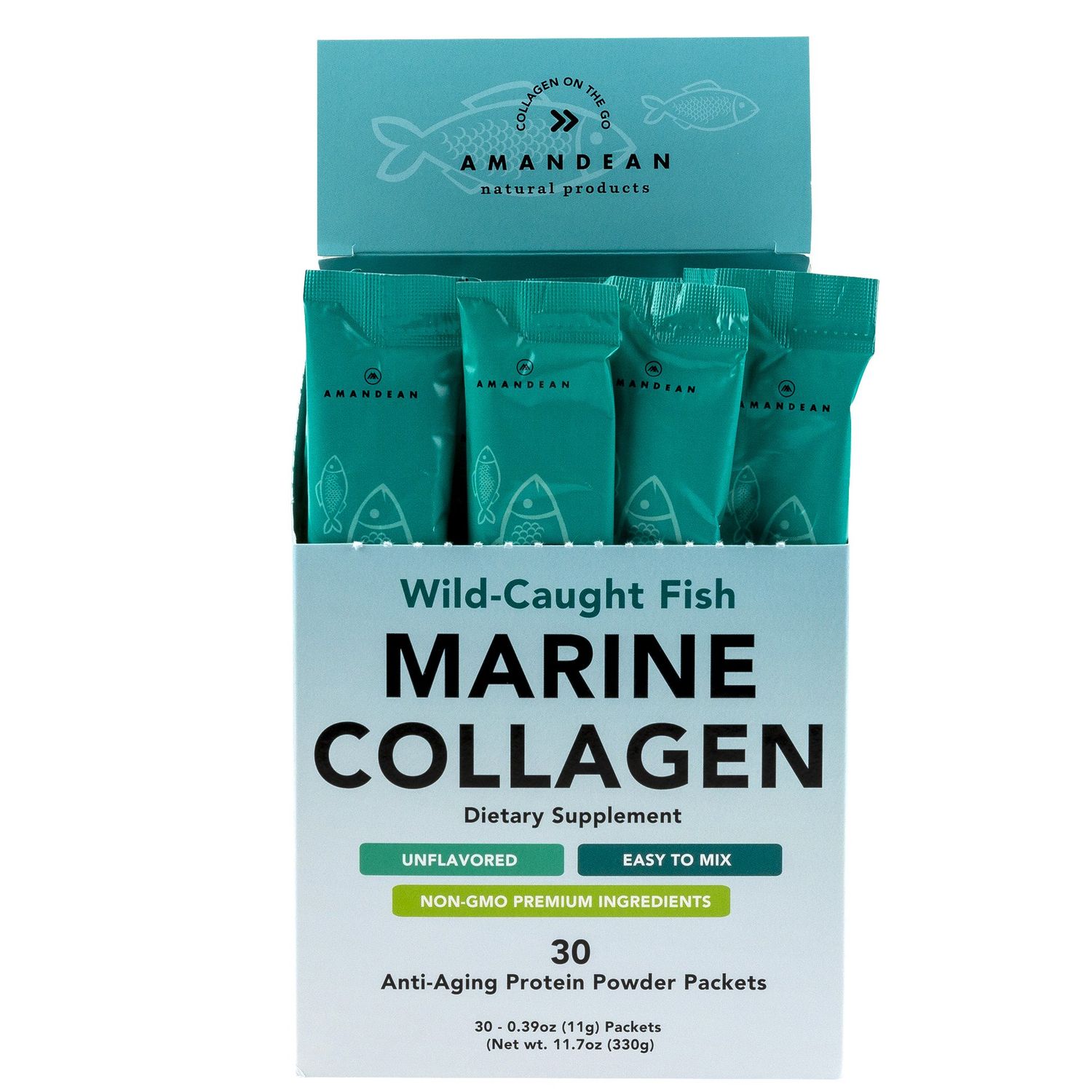 AMANDEAN Marine Collagen Peptides Powder Stick Packs. Wild-Caught Fish. 30 Single Use Individual Packets. Hair, Skin &amp; Nails. Non-GMO, Zero Carbs, Unflavored, High Bioavailability.